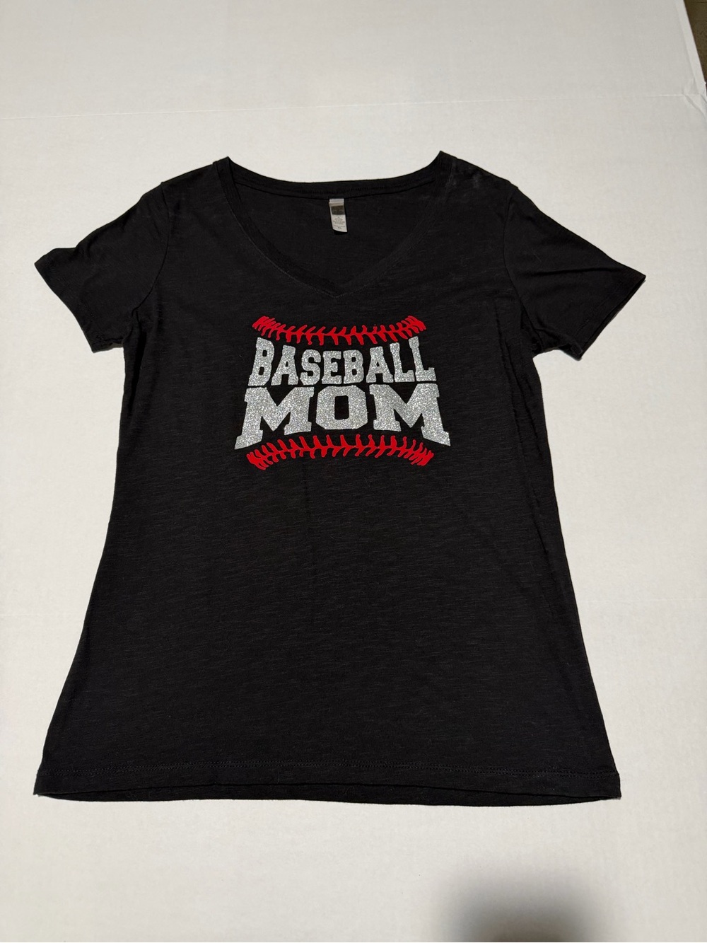 Next Level Apparel Black V-Neck 'Baseball Mom' Tee with Red Stitching